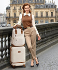 Woman with Three Piece Luggage Set With 20 Inch Carry On, Backpack Or Duffel Option, TSA Lock, spinner wheels, lightweight hard shell, white color