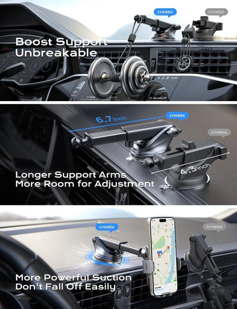 Fast Slick Wireless Car Charger With Auto Clamp And 15W Max Fast Charging Car Mount in a vehicle with adjustable support arms.