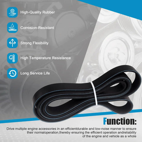 Premium EPDM Serpentine Drive Belt That Fits Toyota Sequoia Tundra Land Cruiser Lexus GX460 LX570 And More, black rubber ribbed design.