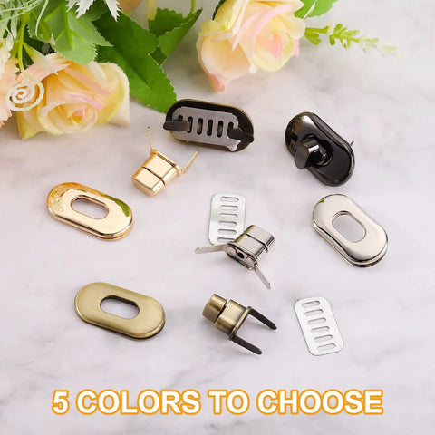 15 Piece Light Gold Turn Lock Clasps Heavy Duty Alloy Twist Fasteners in assorted colors on display with floral backdrop.