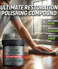 No Sweat All In One Surface Restoration Polish With Soft Applicator Pad For Scuffed Wood Floors And Dull Cabinet Doors Scrubs Away Stickiness And Grime And Leaves It Looking Brand Spanking New Today, being used on a wooden surface.