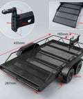Heavy Duty RC Car Trailer And Cargo Hauler For Scx10 Scale Crawlers Bulletproof Aluminum Build Straight Up DIY Upgrade Replacement Off Road Rig Part. Aluminum trailer with measuring dimensions displayed.