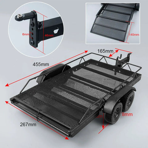 Heavy Duty RC Car Trailer And Cargo Hauler For Scx10 Scale Crawlers Bulletproof Aluminum Build Straight Up DIY Upgrade Replacement Off Road Rig Part. Aluminum trailer with measuring dimensions displayed.