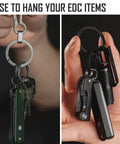 Ultralight Titanium Flat Key Rings Set With Side Pushing Split Rings displaying keys and tools on carabiner