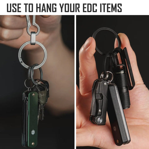 Ultralight Titanium Flat Key Rings Set With Side Pushing Split Rings displaying keys and tools on carabiner