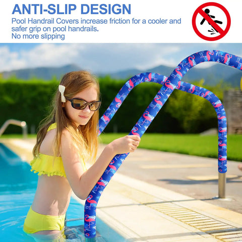 Sweet Grip Eight Foot Inground Pool Railing Cover With Rad Flamingo Palm Design Slip Resistant Handrail Grip Blue, anti-slip design in use.