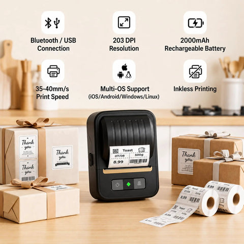 Awesome Bluetooth Label Maker Machine Printing On White Color Clear Thermal Labels With Tape For Home Business Organization Crisp Graphics No Ink Needed 2 Inch Wide Portable Handy Tech Gadget in a kitchen setting.