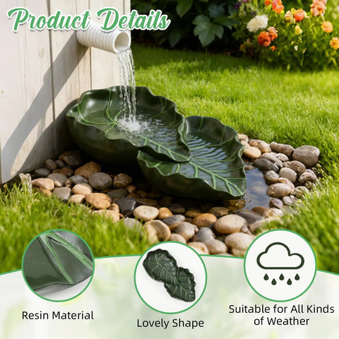 Dual Leaf Decorative Splash Block And Gutter Downspout Rain Diverter Extension For Lawn Patio Yard Garden Heavy Duty Weatherproof No Hassle Backyard Kickback To Shield Foundation Smooth Water Flow in green resin.