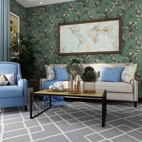 Floral Tree Peel and Stick Wallpaper Self Adhesive Removable Wall Covering showcasing apricot flower pattern on deep green wall.