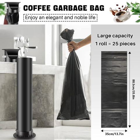 Knock Box Garbage Bags For Coffee Shops And Offices, Heavy Duty Leakproof PE Bags For Coffee Grounds displayed with dimensions and roll pack.