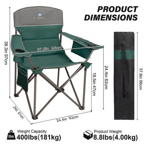 Product dimensions of oversized camping chair in dark green, with cooler bag and cup holder, folded and open view.