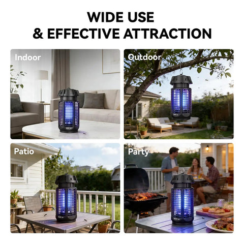 Outdoor And Indoor Bug Zapper With Replaceable 20W Bulb 4200V Mosquito And Fly Killer in various settings; indoor, outdoor, patio, party.