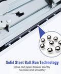 Close-up of Heavy Hitting 50 Inch Full Extension Three Section Drawer Slides showing solid steel ball run technology.