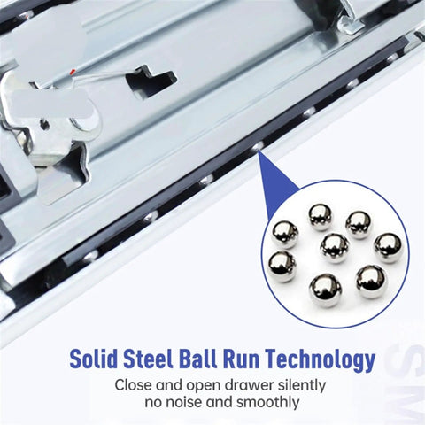 Close-up of Heavy Hitting 50 Inch Full Extension Three Section Drawer Slides showing solid steel ball run technology.