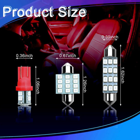 Four LED car light bulbs showing size specifications in inches against a car interior with red lighting, 24 Piece LED Interior Car Light Kit