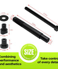 Side view of shift pedal shaft bushing remover/installer tool kit, black metal with knurled handle and four spacers