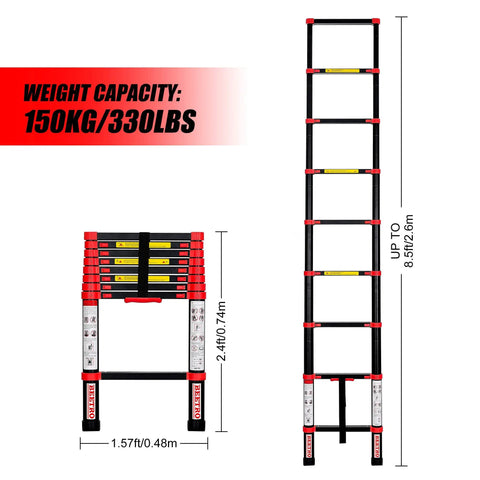8.5ft Aluminum Telescoping Ladder With Extension Folding Design For Roofing, outdoor work, home use, multipurpose step ladder