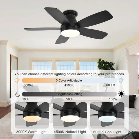 Dope 42 Inch Low Profile Ceiling Fan With Lights Remote App Control Reversible DC Motor Dimmable 3CCT Black Flush Mount