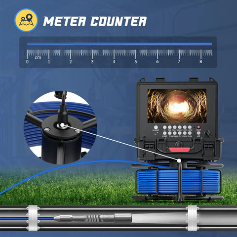 Badass Heavy Duty 9 Inch Sewer Inspection Camera with meter counter display and flexible blue cable for easy drainage inspection.