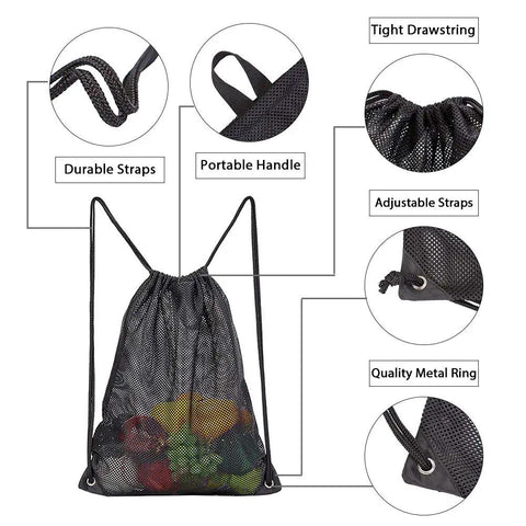 Heavy Duty Mesh Drawstring Gear Bag For Beach, Pool, And Gym Sports Equipment with features like durable straps and metal ring.