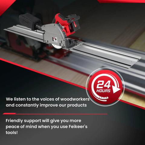 55 Inch Slick Aluminum Track Saw Guide Rail Hella Smooth Glide Setup with precision cutting saw attached for clean cuts.