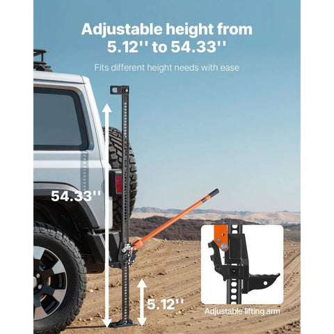 Side view of a 60-inch VEVOR ratcheting farm jack with orange lever, mounted beside SUV's spare tire; 7000 lb capacity.