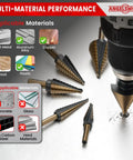 Step Drill Bit Set With 50 Sizes, Titanium Coated HSS Bits drilling into metal with material compatibility guide displayed.