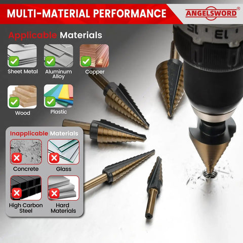 Step Drill Bit Set With 50 Sizes, Titanium Coated HSS Bits drilling into metal with material compatibility guide displayed.
