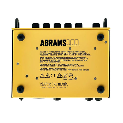 Bottom view of Abrams100 100W Guitar Amp Head With Class D Power, featuring safety warnings and branding.