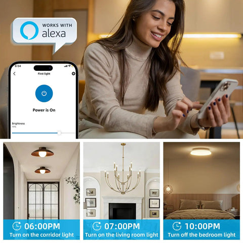 Woman using Smart Dimmer Kit With Two Remotes And One Receiver, Alexa Compatible Wireless Wall Switch, phone app control display