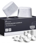 Front view of Possiave espresso machine cleaning kit box with 40 cleaning tablets and 6 water filters