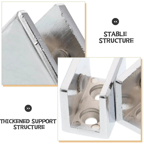 Built Like A Tank Zinc Alloy Glass Shelf Clamps For Bathroom Shower Panels Six Piece Set Anti Scratch Heavy Duty Wall Mount Support Fits 10 To 12 Millimeter Glass Straight Up Tight Fit close-up of stable and thickened support structure