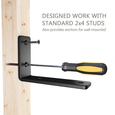 Set Of 4 Heavy Duty 6 Inch L Shaped Shelf Brackets Black Powder Coated Steel Quarter Inch Thick installation on standard 2x4 stud