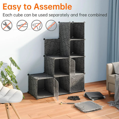 Multipurpose Portable Cube Storage Organizer 14 Inch By 14 Inch Black 4 By 3 Cube Cubbies in a living room setting