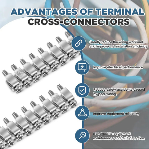 10 Pack FBI-10-6 Fixed Bridge Jumpers for Din Rail Terminal Blocks shown with advantages of cross-connectors.