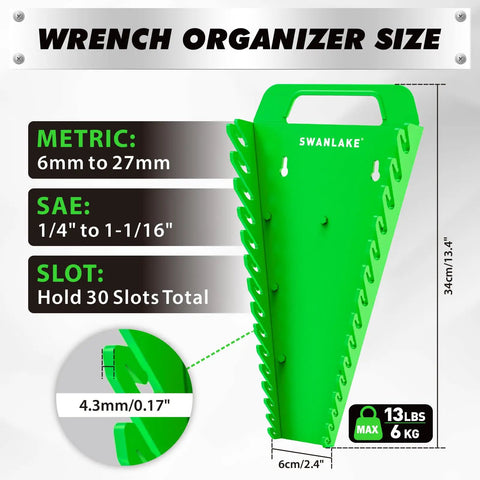 10-Piece Magnetic Socket And Wrench Organizer Set For 1/4, 3/8, 1/2 Inch Drives, Metric And SAE Sockets, 30 Slot Wrench Holder, green organizer
