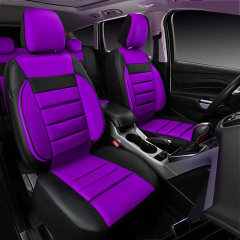 Leather Seat Covers Full Set For SUV Sedan And Van Water Resistant With 3D Foam Back Support All Season Comfort Dope Look Airbag Compatible Universal Fit Sporty Color Design In Purple Black For Luxury Auto Interior Upgrade.