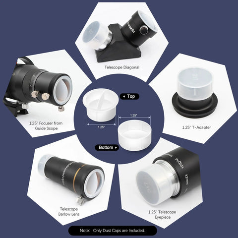 Collection of images showing Universal 1.25 Inch Telescope Dust Cap And Plug Kit For Eyepieces, Barlow Lenses, T Adapters, and more.