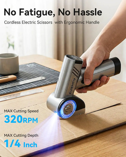 Get Electric Box Cutter At 320Rpm Speed in use, cutting through cardboard with ergonomic design and LED indicator.