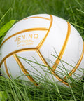 Golden White Volleyball Official Size 5 with minimalist design and vibrant colors resting on green grass, durable poly cover.