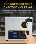 Heavy Duty Six Liter Ultrasonic Cleaner Featuring Built In Heater And Dual Frequency Sweep Tech with touch control panel.