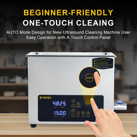 Heavy Duty Six Liter Ultrasonic Cleaner Featuring Built In Heater And Dual Frequency Sweep Tech with touch control panel.