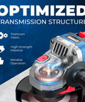 Close-up of Cordless Angle Grinder 20V Four And A Half Inch 9000 RPM with Variable Speed, showing gears and slide switch