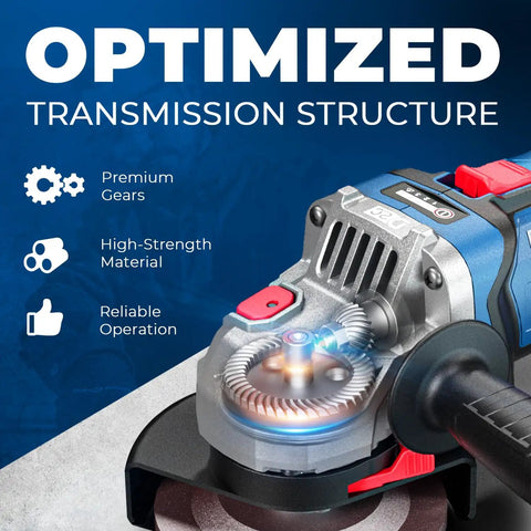 Close-up of Cordless Angle Grinder 20V Four And A Half Inch 9000 RPM with Variable Speed, showing gears and slide switch
