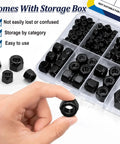 Hand holding nut from 110 Pack Black Nylon Insert Lock Nuts Set For Inch Threaded Hardware SAE Nylock Nut Assortment Including 6-32 to 1/2-13, 304 Stainless Steel
