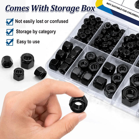 Hand holding nut from 110 Pack Black Nylon Insert Lock Nuts Set For Inch Threaded Hardware SAE Nylock Nut Assortment Including 6-32 to 1/2-13, 304 Stainless Steel