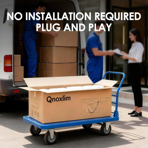 Qnoxlim Full Electric Massage Table With Lift ready for use in delivery box on a cart, no assembly required.