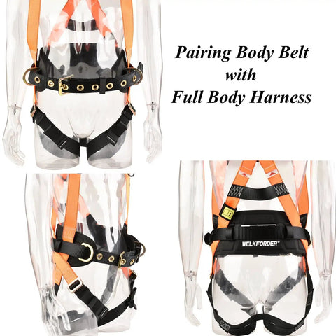 Front and back view of Tongue Buckle Body Belt with Hip Pad and Dual Side D Rings for Personal Fall Arrest, on a mannequin