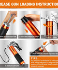 Grease gun kit with orange metal body and black grip, collage showing loading steps and accessories.