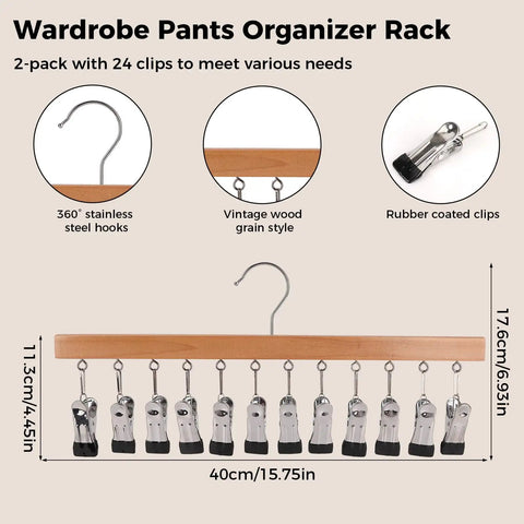 Straight Up Sturdy Wooden Closet Organizer Pack With Heavy Duty Metal Hanging Clips For Maxing Out Vertical Wardrobe Space And Ditching Daily Clutter. 2-pack with wooden hangers and rubber-coated clips.